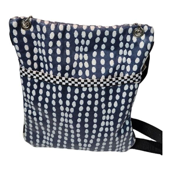 Womens Navy Blue White Wavy Dots Double Zip Bohemian Crossbody Satchel Bag - Picture 3 of 13